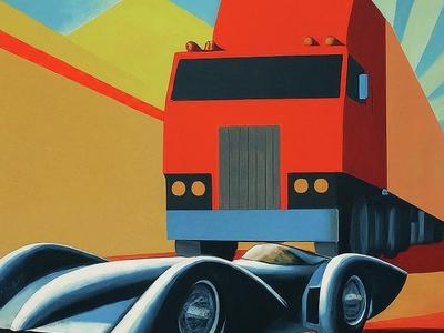 A small sleek sportscar in front of a huge semi, constructivist poster style