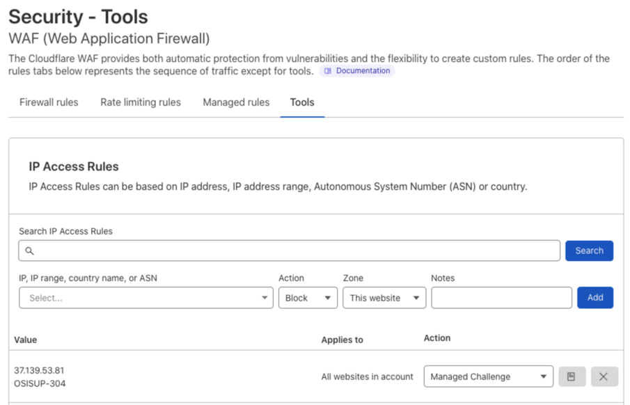 Cloudflare WAF IP access rules screenshot