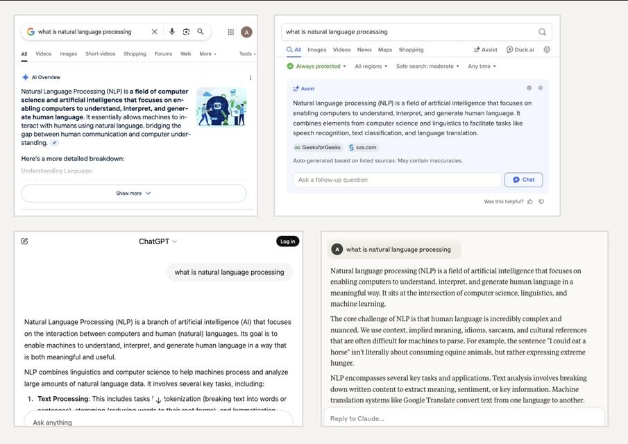 The results for the search "What is natural language processing?" in DuckDuckGo, Google Search, ChatGPT, and Claude.ai 