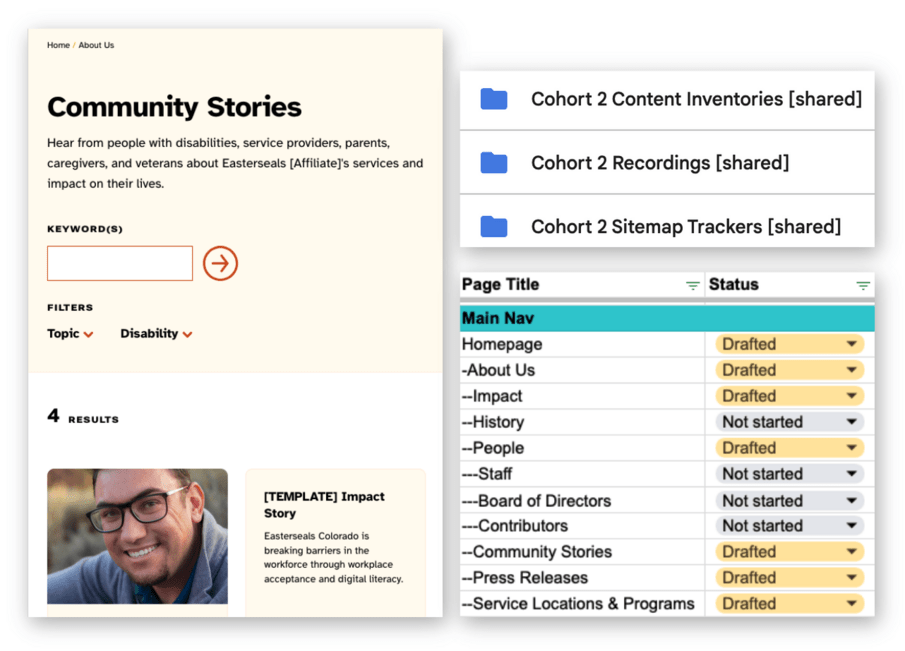 screenshots of a page template, folder system, and sitemap spreadsheet