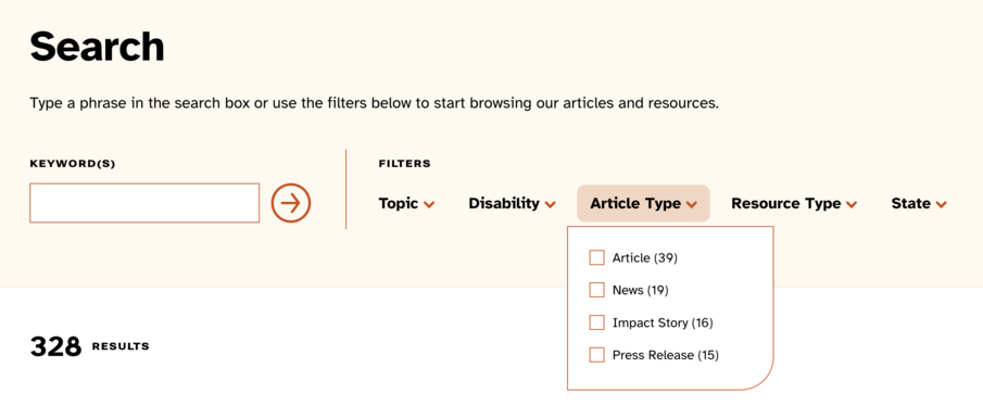 Screenshot of the keyword and facets at the top of the Easterseals.com search page
