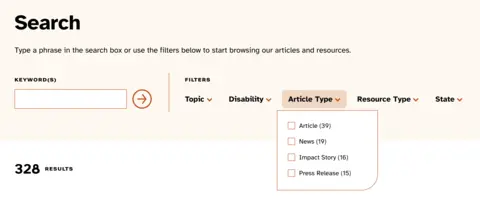 Screenshot of the keyword and facets at the top of the Easterseals.com search page