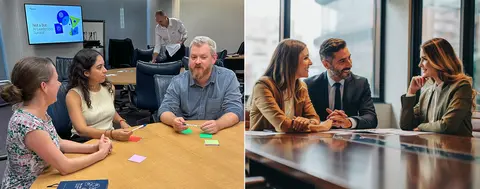 Two separate photos of three people in conversation around conference tables, one stock and one not