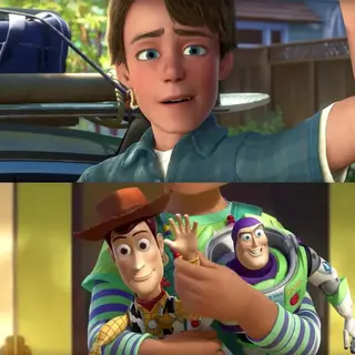 Andy waving goodbye to Woody and Buzz