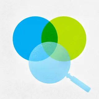 Union of three circles, one if which looks like a magnifying glass