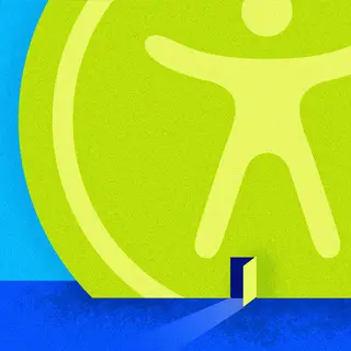 Abstract illustration of a small door opening on a large building with an accessibility symbol on it. 