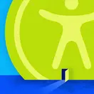 Abstract illustration of a small door opening on a large building with an accessibility symbol on it. 