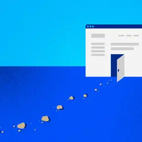 Graphic of breadcrumbs leading to the open door on a website