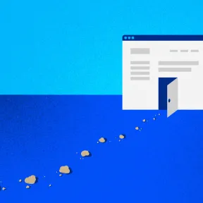 Graphic of breadcrumbs leading to the open door on a website