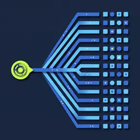 Abstract risograph illustration on a deep midnight navy background featuring an electric chartreuse ignition node on the left that branches into a symmetrical geometric array of sky blue conduits connected to a grid of blue site icons, symbolizing automated multi-site deployment.