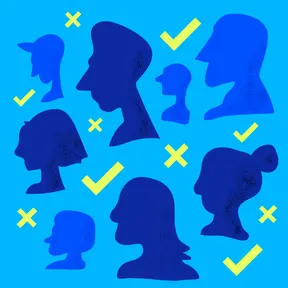 abstract image of silhouettes of faces with checks and x-marks