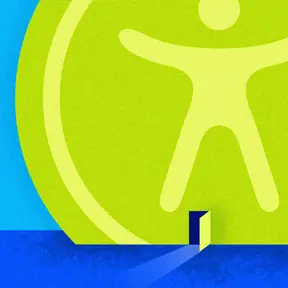 Abstract illustration of a small door opening on a large building with an accessibility symbol on it. 