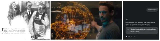 Collage of Bertie and Jeeves, Tony Stark, and Gemini