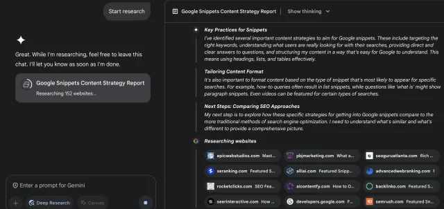An excerpt of Gemini's thinking while creating a report
