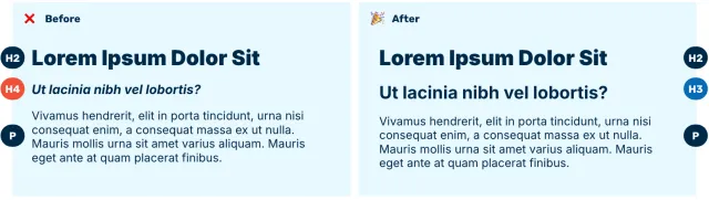 A before-and-after example of empty headings showing an accessibility error.