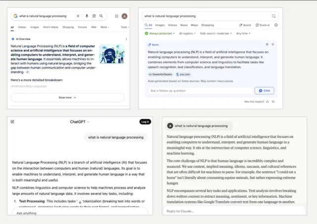 The results for the search "What is natural language processing?" in DuckDuckGo, Google Search, ChatGPT, and Claude.ai  Search platforms are moving toward burying the sources of information they scrape.