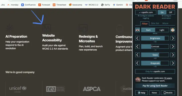 A screenshot showing how darkreader applies a darkmode and icons aren't legible