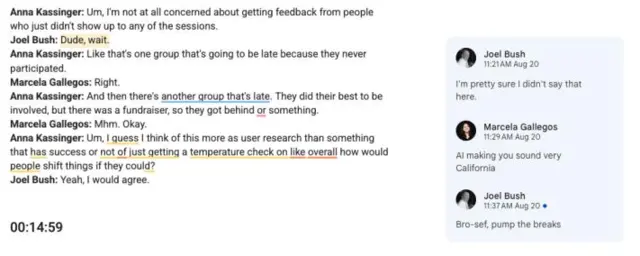 Screenshot of an AI screen recording where there is tongue in cheek discussion about the transcript getting it wrong.